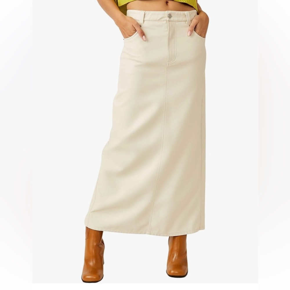 Free People Maxi Viscose Vegan Leather Look Style Ivory Neutral Maxi Skirt Sz Sm